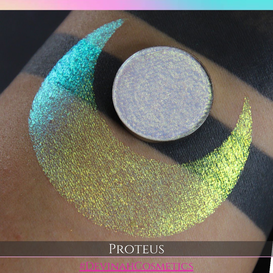 Proteus eyeshadow with gold, yellow, green, blue and pink in this iridescent multichrome