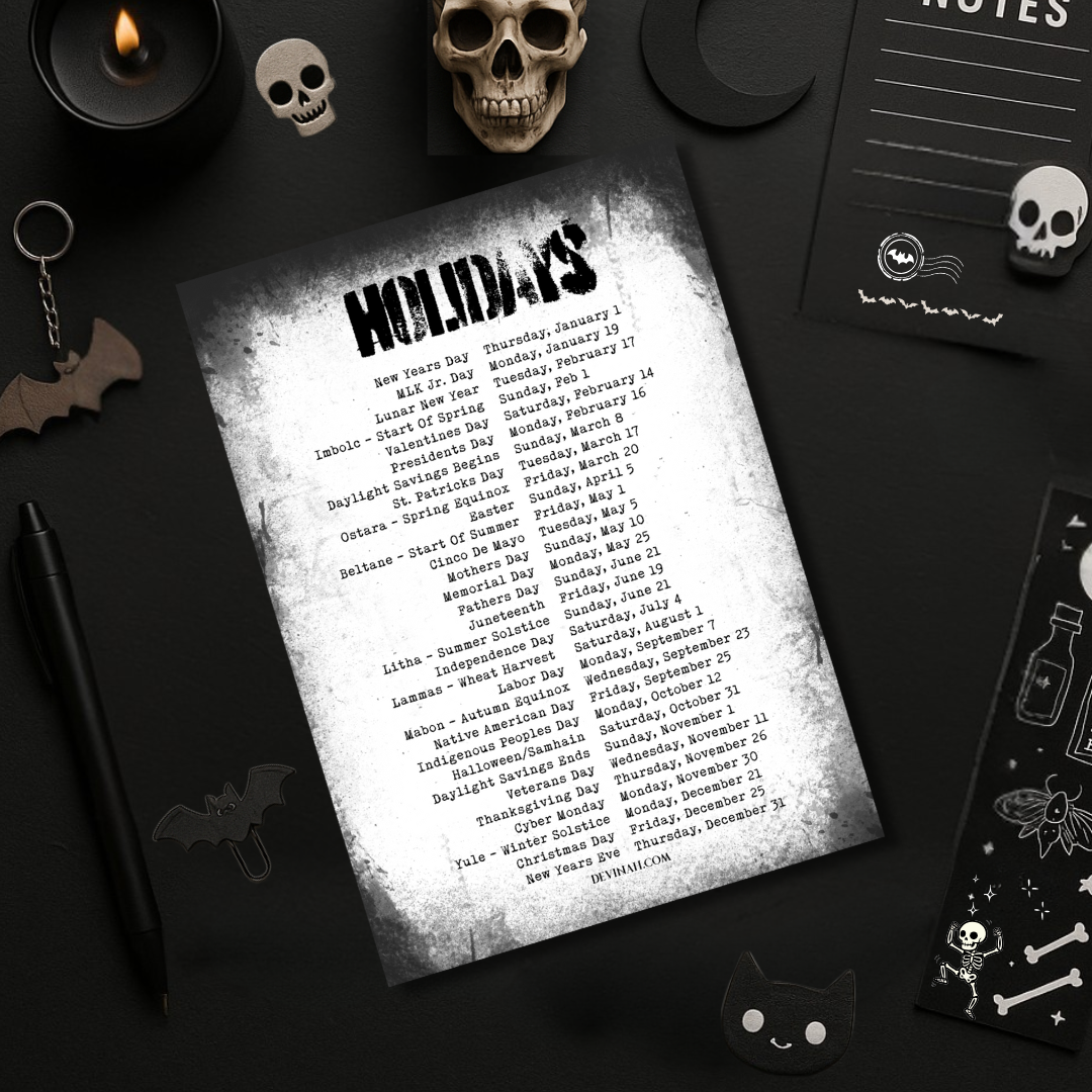 2026 Holiday Date List Freebie