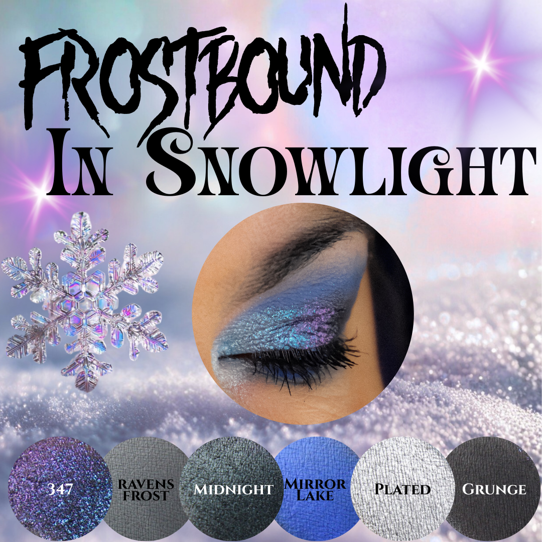 Makeup product with 'Frostbound in Snowlight' text, snowflake, and color swatches on a sparkling background.