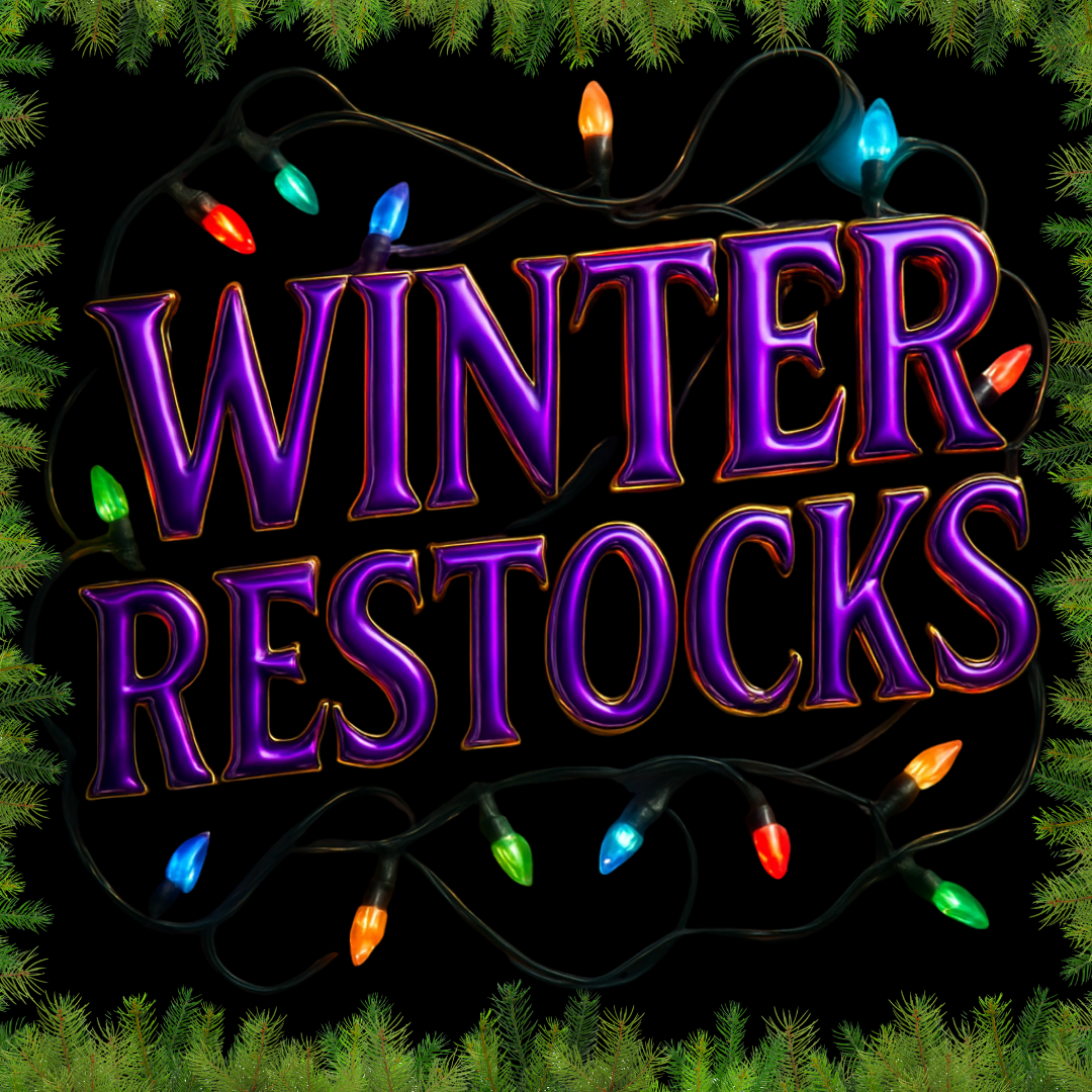 Text 'WINTER RESTOCKS' surrounded by colorful Christmas lights on a green leafy background