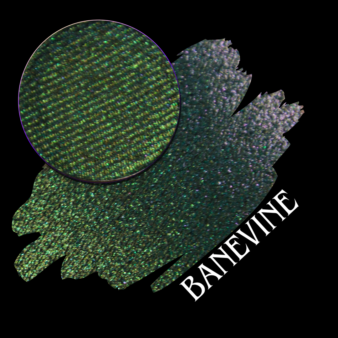 A swatch in a shimmering green lime and soft pink color with a circular eyeshadow makeup pan labeled 'BANEVINE' in white text on a black background.