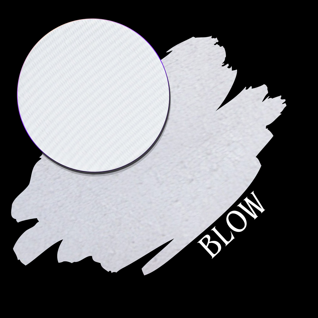 A white makeup swatch with a circular eyeshadow pan, labeled 'BLOW' in white text on a black background.