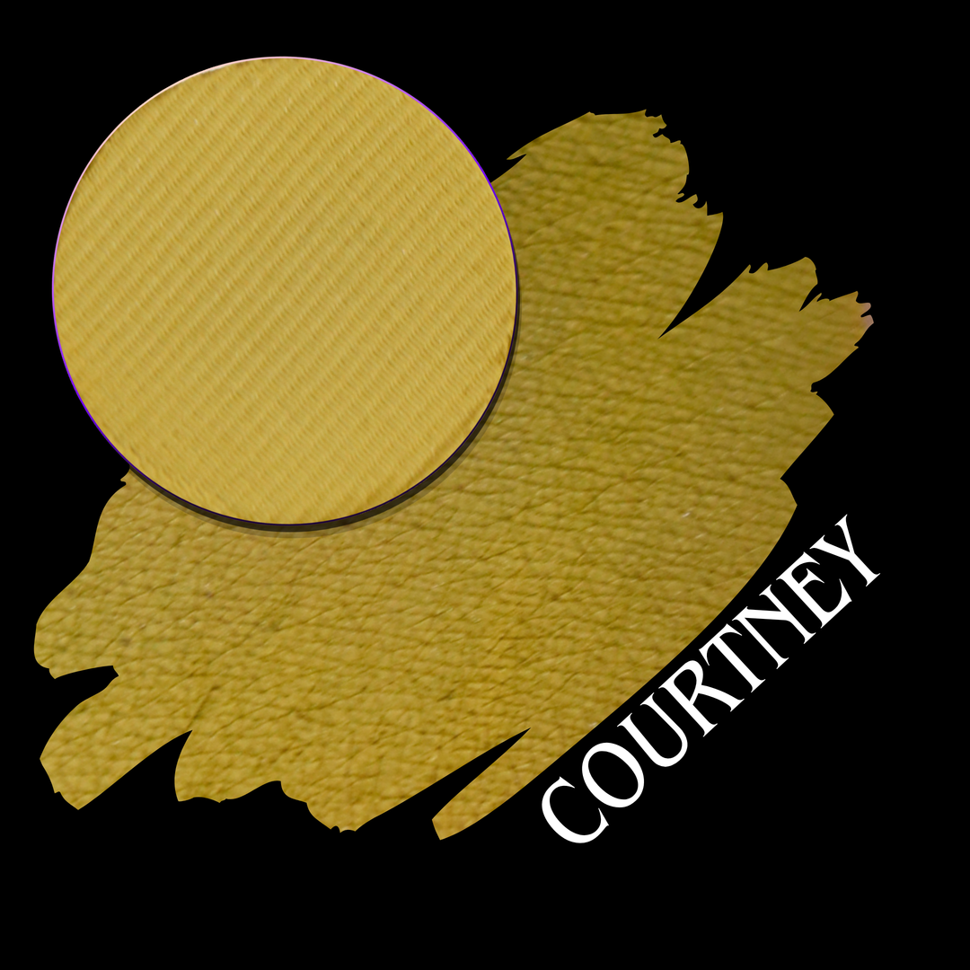 A textured pea soup yellow circular makeup pan shown over a matching swatch on a black background, with the name COURTNEY in white text.