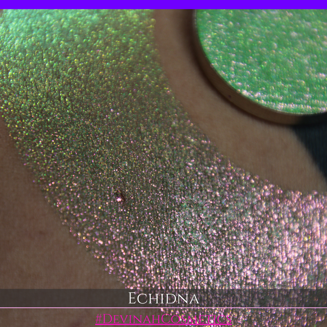 A round eyeshadow pan labeled 'ECHIDNA' made by Devinah Cosmetics, placed over a large crescent moon swatch of the same shimmering green-to-pink multichrome eyeshadow on skin. The eyeshadow has an iridescent, metallic finish shifting between  colors green, gold, and pink.
