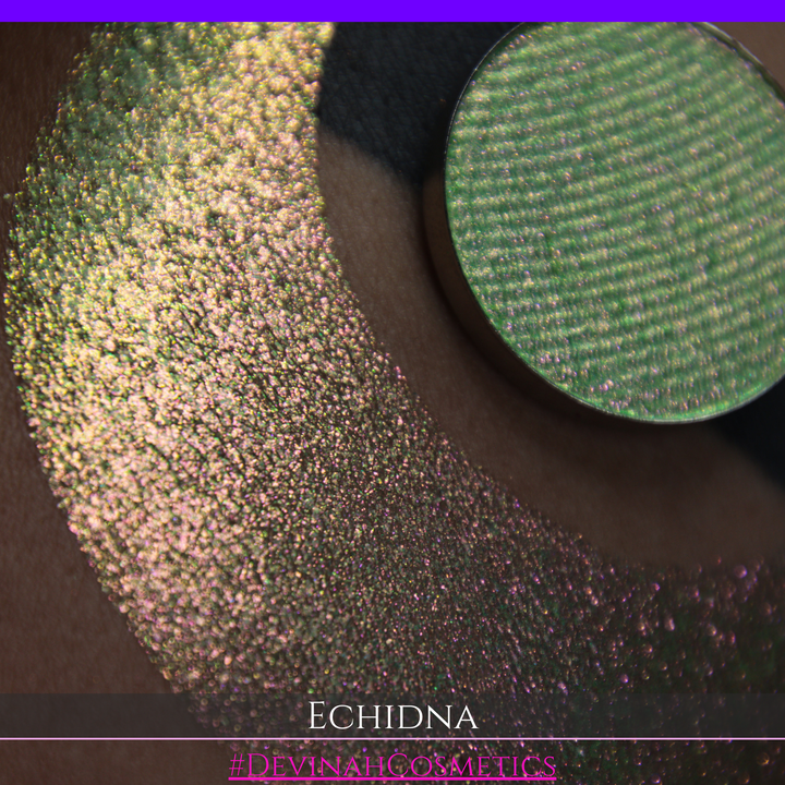 A round eyeshadow pan labeled 'ECHIDNA' made by Devinah Cosmetics, placed over a large crescent moon swatch of the same shimmering green-to-pink multichrome eyeshadow on skin. The eyeshadow has an iridescent, metallic finish shifting between  colors green, gold, and pink.