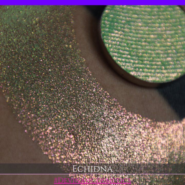 A round eyeshadow pan labeled 'ECHIDNA' made by Devinah Cosmetics, placed over a large crescent moon swatch of the same shimmering green-to-pink multichrome eyeshadow on skin. The eyeshadow has an iridescent, metallic finish shifting between  colors green, gold, and pink.