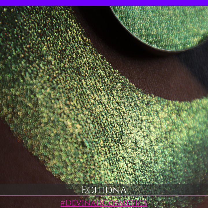A round eyeshadow pan labeled 'ECHIDNA' made by Devinah Cosmetics, placed over a large crescent moon swatch of the same shimmering green-to-pink multichrome eyeshadow on skin. The eyeshadow has an iridescent, metallic finish shifting between  colors green, gold, and pink.