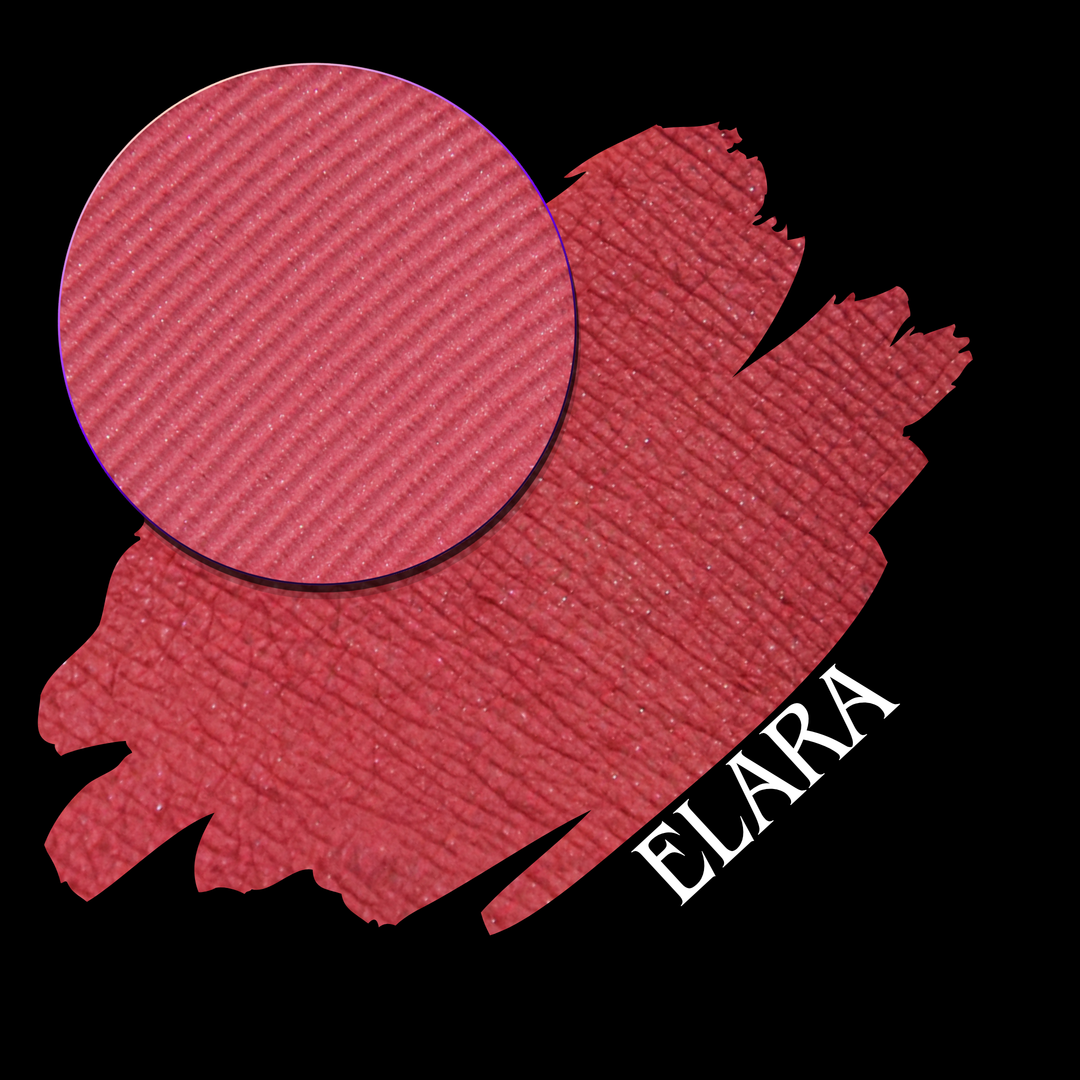 A circular makeup eyewhadow pan in a  pinkish-red pigment, placed over a larger swatch on a black background, with the text 'ELARA' in white at the lower right.