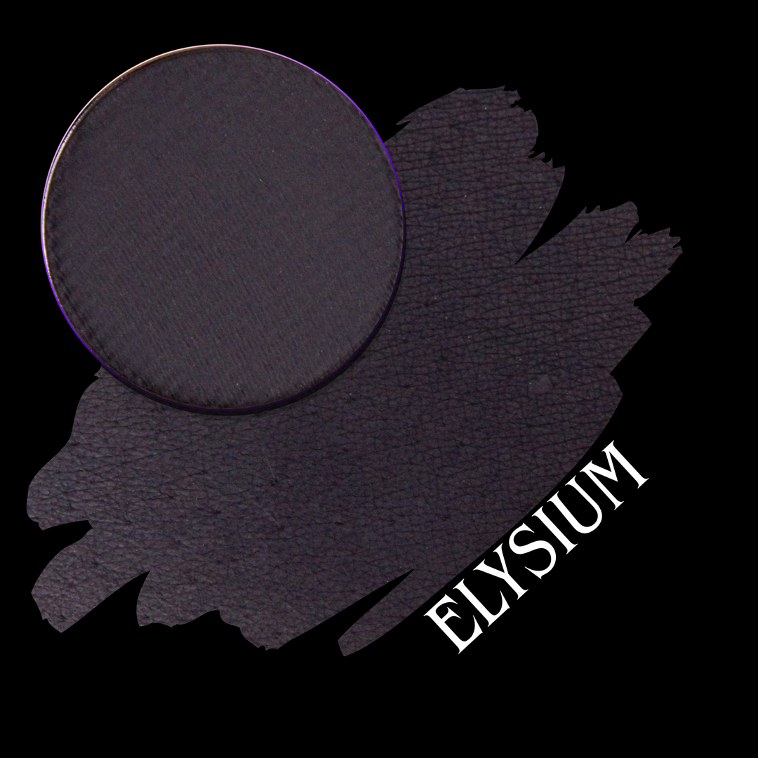 A circular makeup eyeshadow pan of deep plum purple eyeshadow shown next to a swatch of the same shade on a black background, with the text 'ELYSIUM' in white.