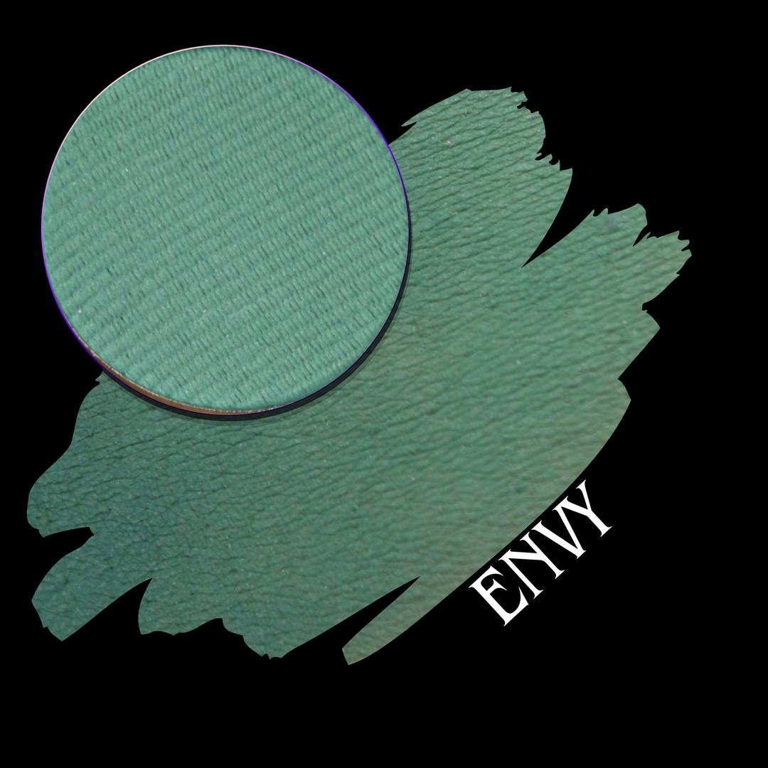 A textured sage green eyeshadow swatch showing both a circular close-up of the eyeshadow pan and a larger swatch on a black background, with the word 'ENVY' in white text.