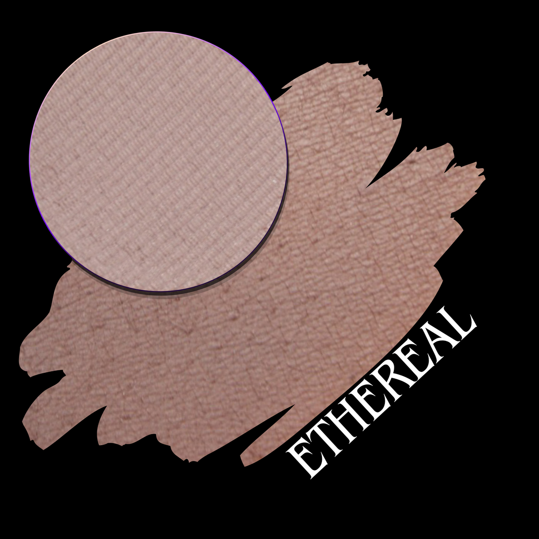 A cosmetic color swatch showing a warm taupe-beige powder in a circular makeup eyeshadow pan over a matching smudge on a black background, with the shade name 'ETHEREAL' in white on a black background