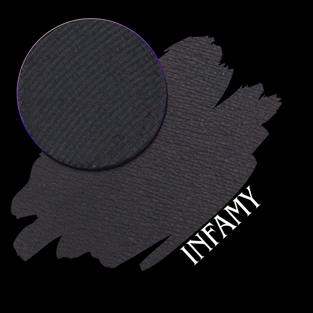 An eyeshadow swatch in a dark charcoal gray shade, featuring a circular makeup eyeshadow matte pan with the brand name 'INFAMY' written in white on the bottom right, all set against a solid black background.
