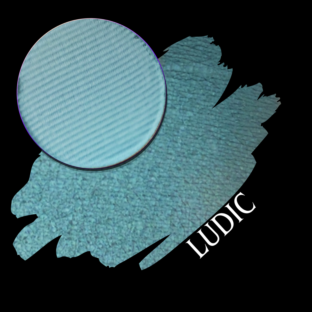 A swatch in a dusty light blue color with a circular pan of the matte eyeshadow, labeled with the word 'LUDIC' on a solid black background.