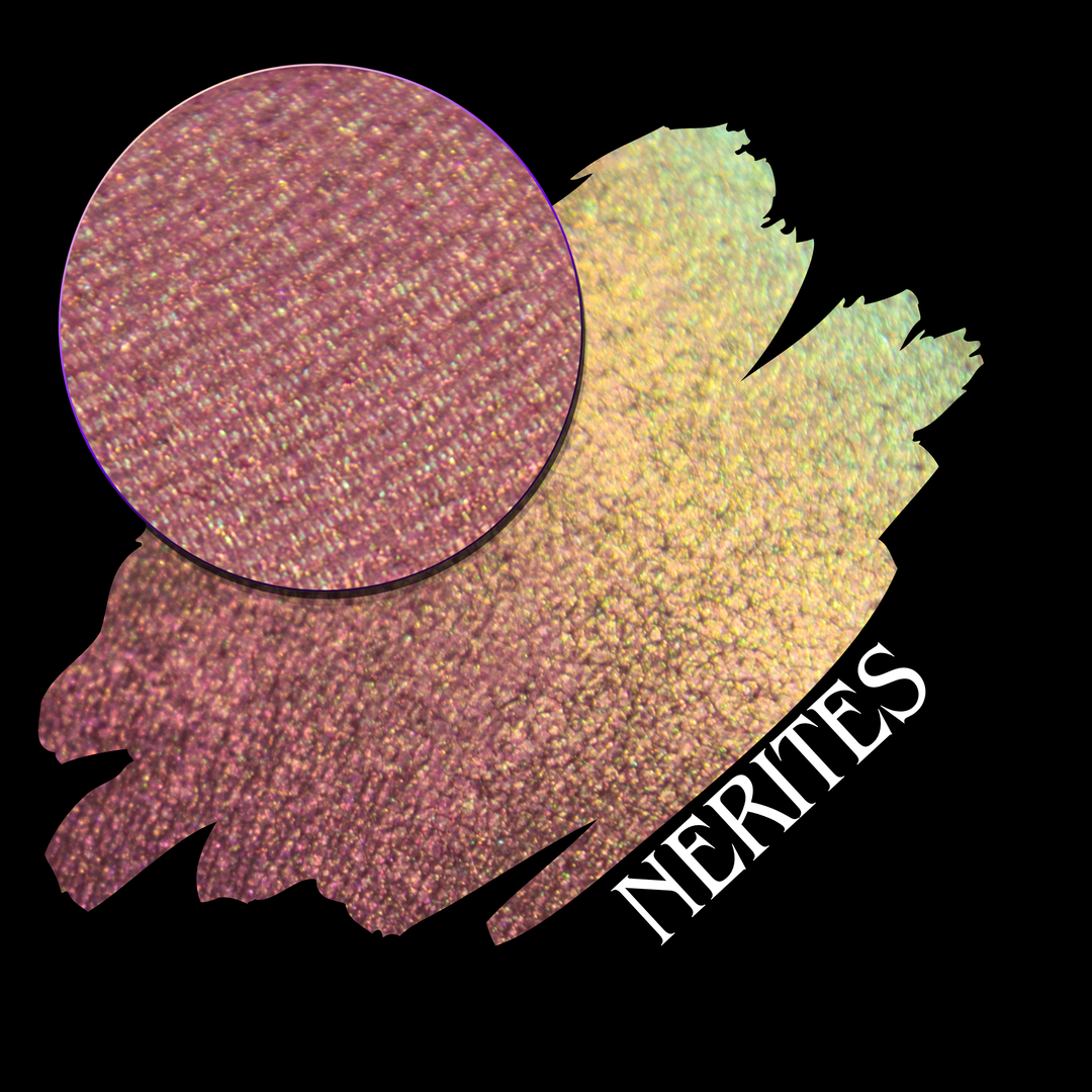 A round eyeshadow pan labeled 'NERITES' made by Devinah Cosmetics, placed over a large crescent moon swatch of the same shimmering multichrome eyeshadow on skin. The eyeshadow has a shimmer sparkle finish shifting between colors pink, yellow, gold, green.