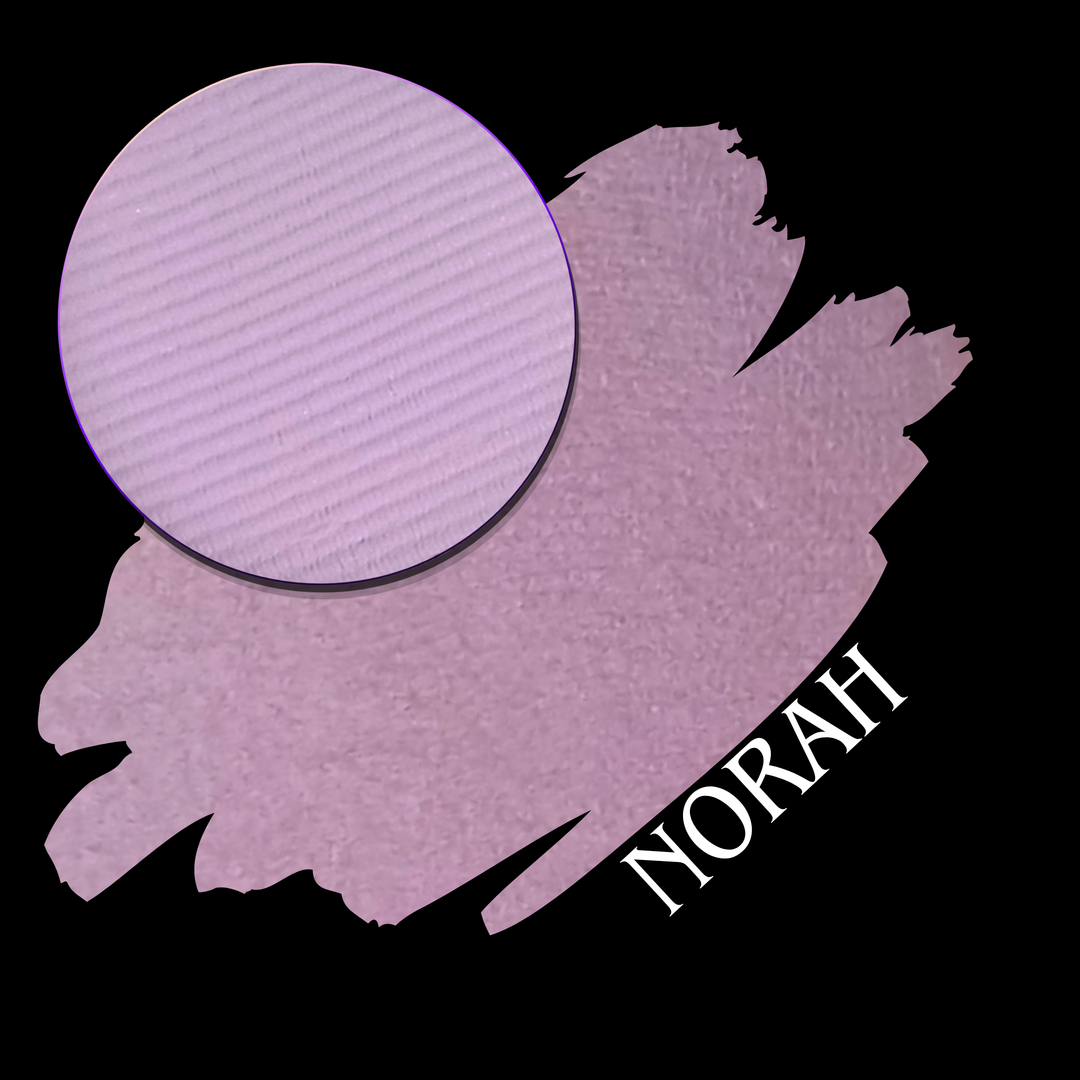 A makeup color swatch showing a circular pressed pan of eyeshadow powder over a larger swatch of the same dusty mauve-pink shade, with the name 'NORAH' in white text on a black background.