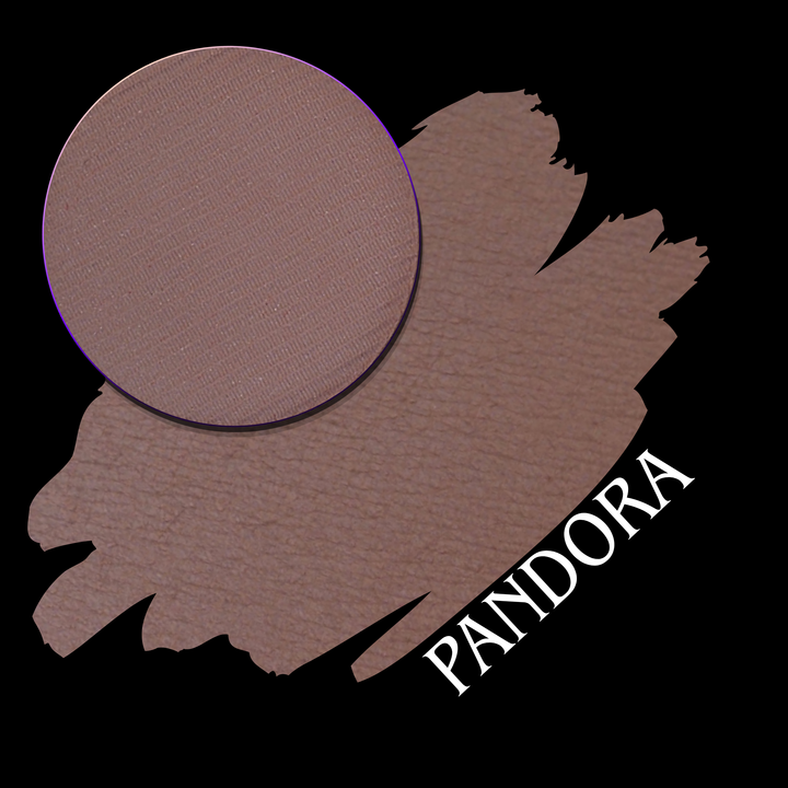 A makeup swatch showing a circular pressed powder eyeshadow pan  over a swatch of the same shade, labeled 'PANDORA' in white text on a black background.