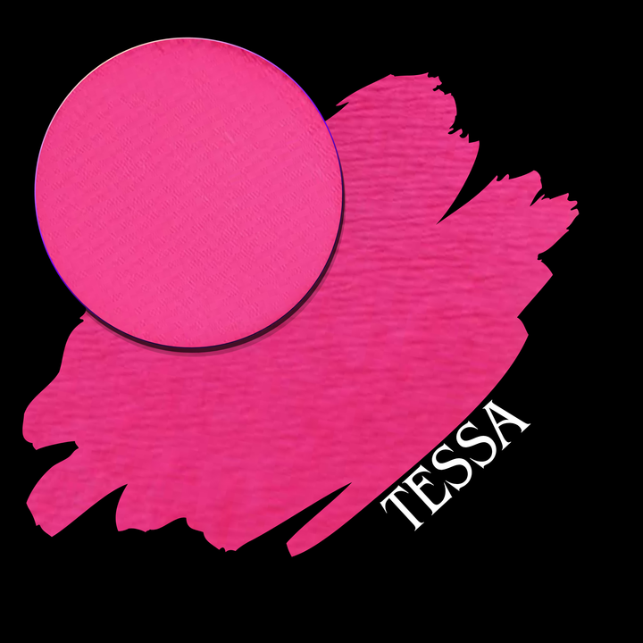 A bright hot pink single eyeshadow,  shown with a circular pressed powder pan and a swatch on a solid black background. The word 'TESSA' is printed in white serif font on the lower right of the pink swatch.