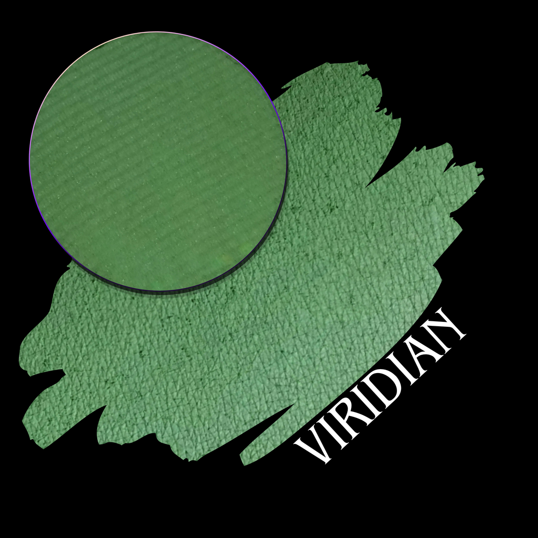 A green pigment swatch with a circular eyeshadow pan, labeled 'VIRIDIAN' in white text on a black background.