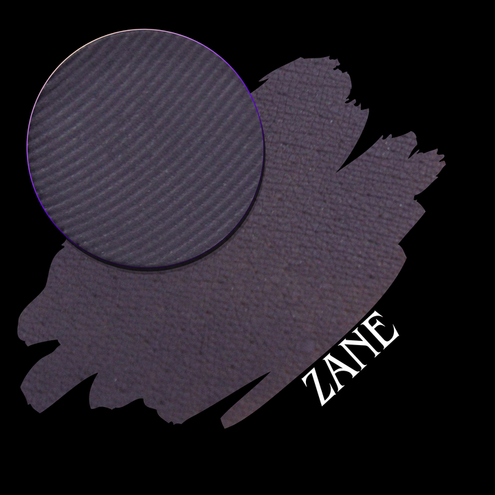 A makeup swatch showing a dark plum-purple eyeshadow color with a circular makeup pan and the name 'ZANE' in white text on a black background.
