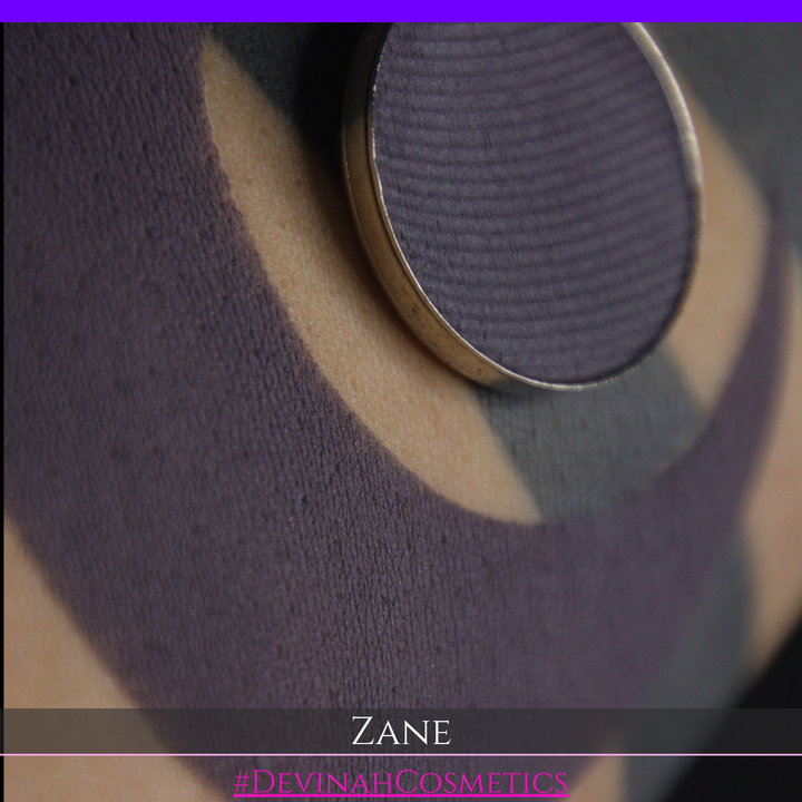 A makeup swatch showing a dark plum-purple eyeshadow color with a circular makeup pan and the name 'ZANE' in white text on a black background.