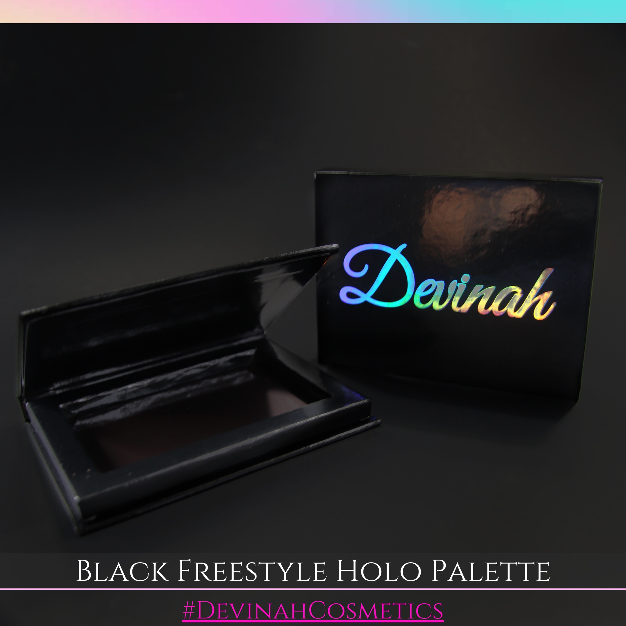 Black magnetic freestyle palette with holographic brand name