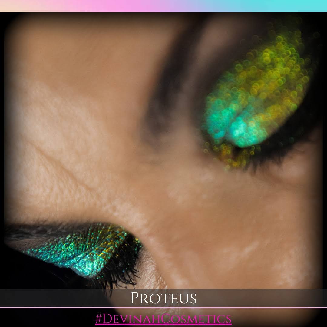 Proteus eyeshadow with gold, yellow, green, blue and pink in this iridescent multichrome