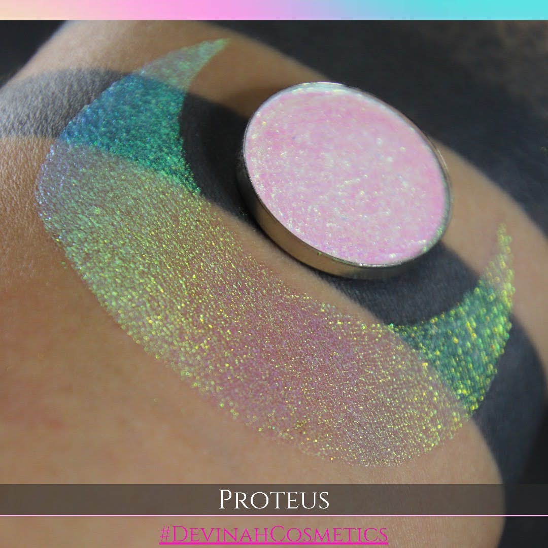 Proteus eyeshadow with gold, yellow, green, blue and pink in this iridescent multichrome