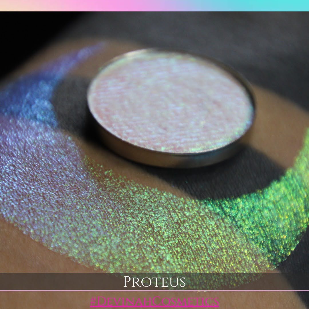 Proteus eyeshadow with gold, yellow, green, blue and pink in this iridescent multichrome