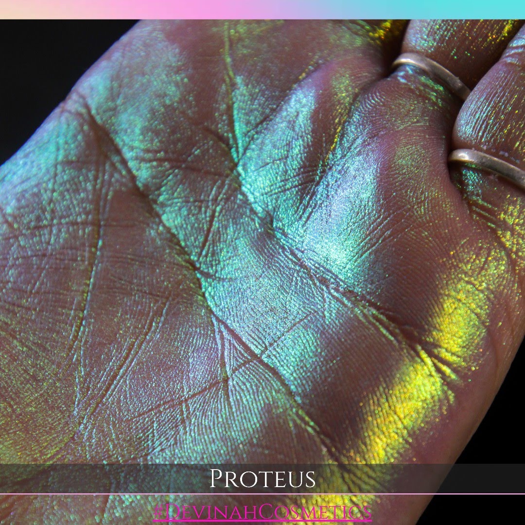 Proteus eyeshadow with gold, yellow, green, blue and pink in this iridescent multichrome