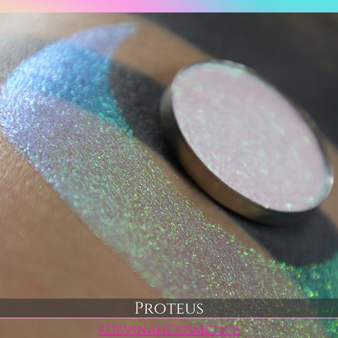 Proteus eyeshadow with gold, yellow, green, blue and pink in this iridescent multichrome