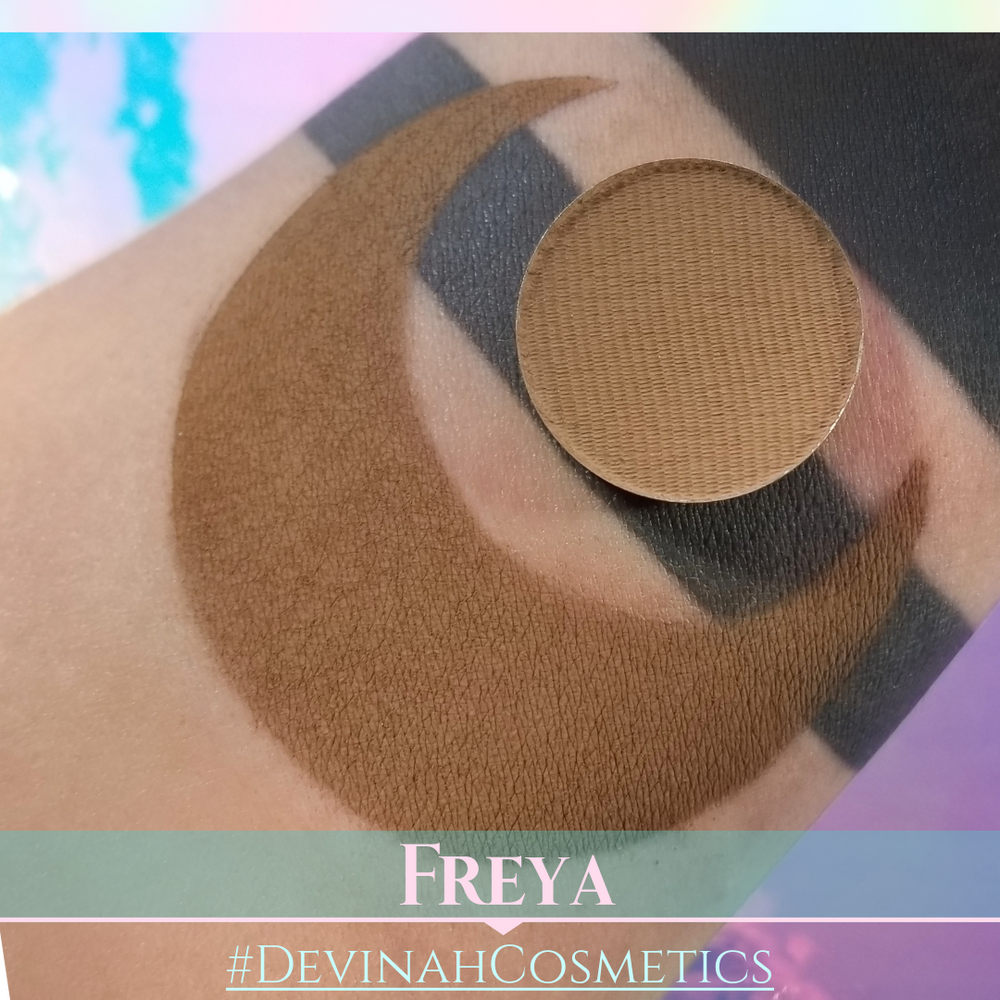 Cosmetic shade swatch on skin with 'FREYA' and '#DevinahCosmetics' text.