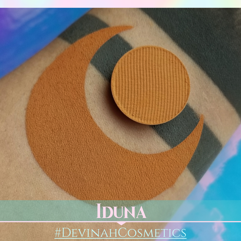 Cosmetic makeup eyeshadow product with 'Iduna' branding on a colorful background
