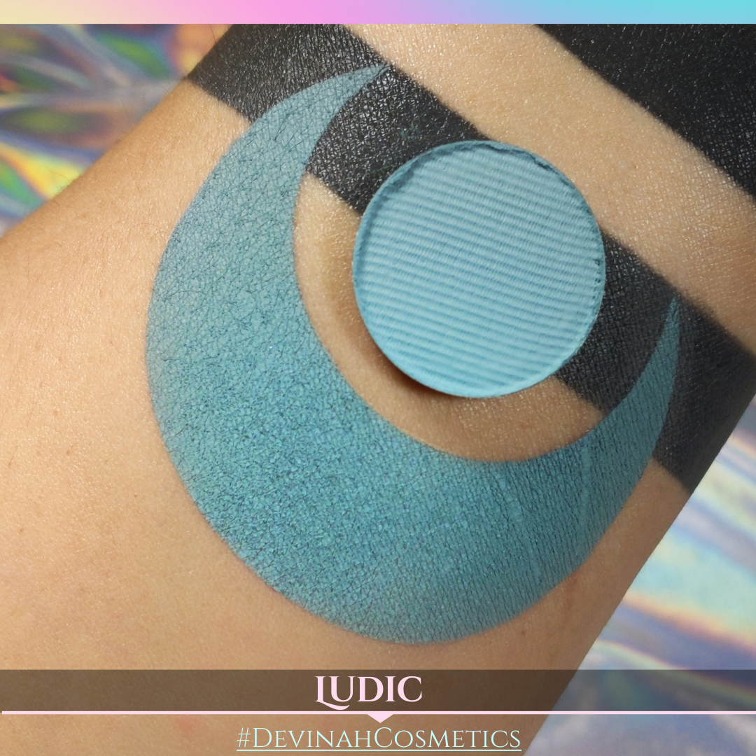 Blue swatch on arm with 'Ludic' branding.