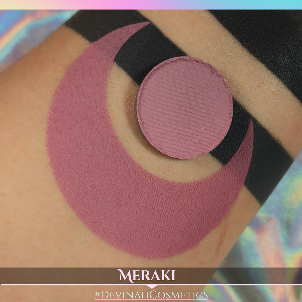 Pink makeup patch on skin with 'Meraki' and '#DevinahCosmetics' branding.