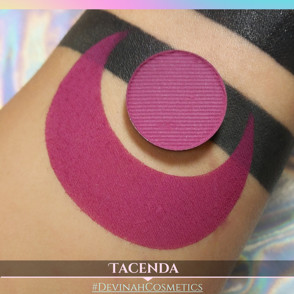 Purple makeup shade on skin with Tacenda branding